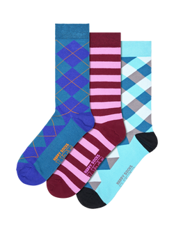Happy Socks Lite Argyll & Stripe Socks, Pack of 3, Multi, Blue Multi