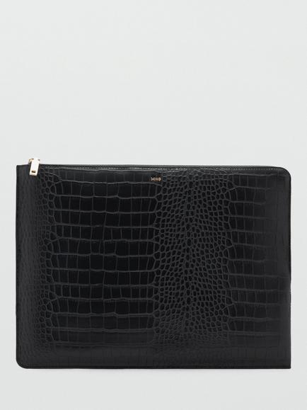 Mango Leonor Croc Effect Laptop Case, Black, Black
