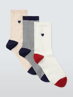 John Lewis Stripe Hearts Ankle Socks, Pack of 3, Blue/Red, Blue/Red