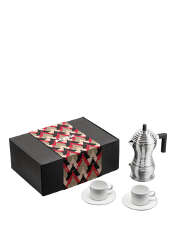 Alessi Pulcina Induction Hob 3 Cup Espresso Maker & 2 Porcelain Cups Gift Set, 