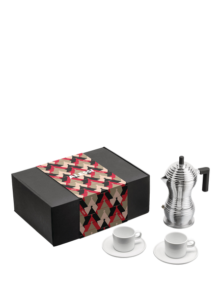 Alessi Pulcina Induction Hob 3 Cup Espresso Maker & 2 Porcelain Cups Gift Set, 