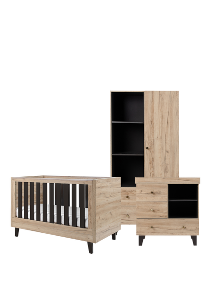 Tutti Bambini Como Cotbed, Chest of Drawers and Wardrobe Room Set, Oak/Slate, Oak/Slate