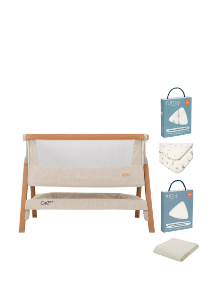 Tutti Bambini CoZee Bedside Crib Essential Starter Bundle, Scandi Walnut/Ecru