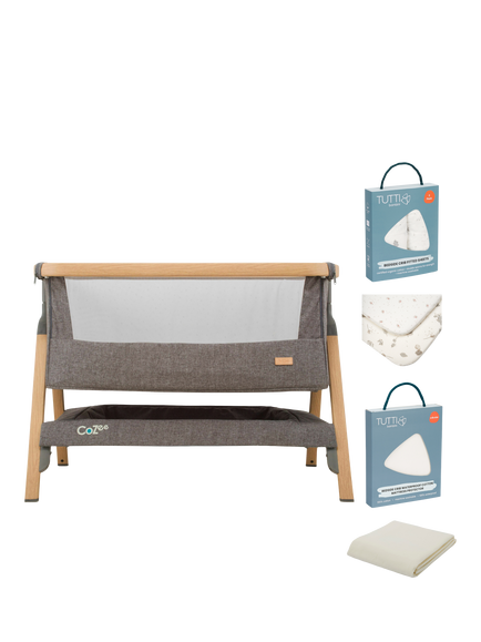 Tutti Bambini CoZee Bedside Crib Essential Starter Bundle, Charcoal/Oak