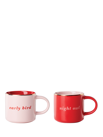 kate spade new york Early Bird Night Owl Stoneware Mugs, Set of 2, 355ml, Pink/Red, Pink