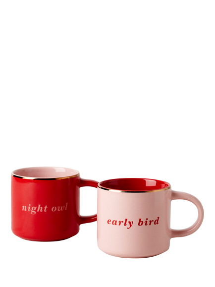 kate spade new york Early Bird Night Owl Stoneware Mugs, Set of 2, 355ml, Pink/Red - view 2, Pink