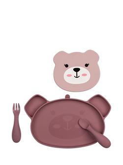 TUM TUM Betsy Bear Silicone Plate, Bowl and Cutlery Weaning Set, Pink, Pink