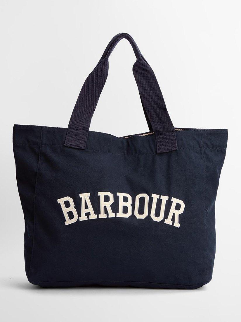 Product image 1 of 7, which shows Barbour Logo Holiday Tote Bag, Navy/Stone