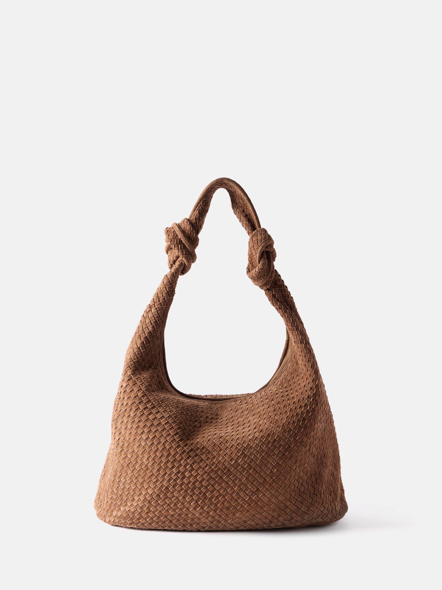 Product image 1 of 4, which shows Mint Velvet Woven Suede Knot Detail Bag, Brown