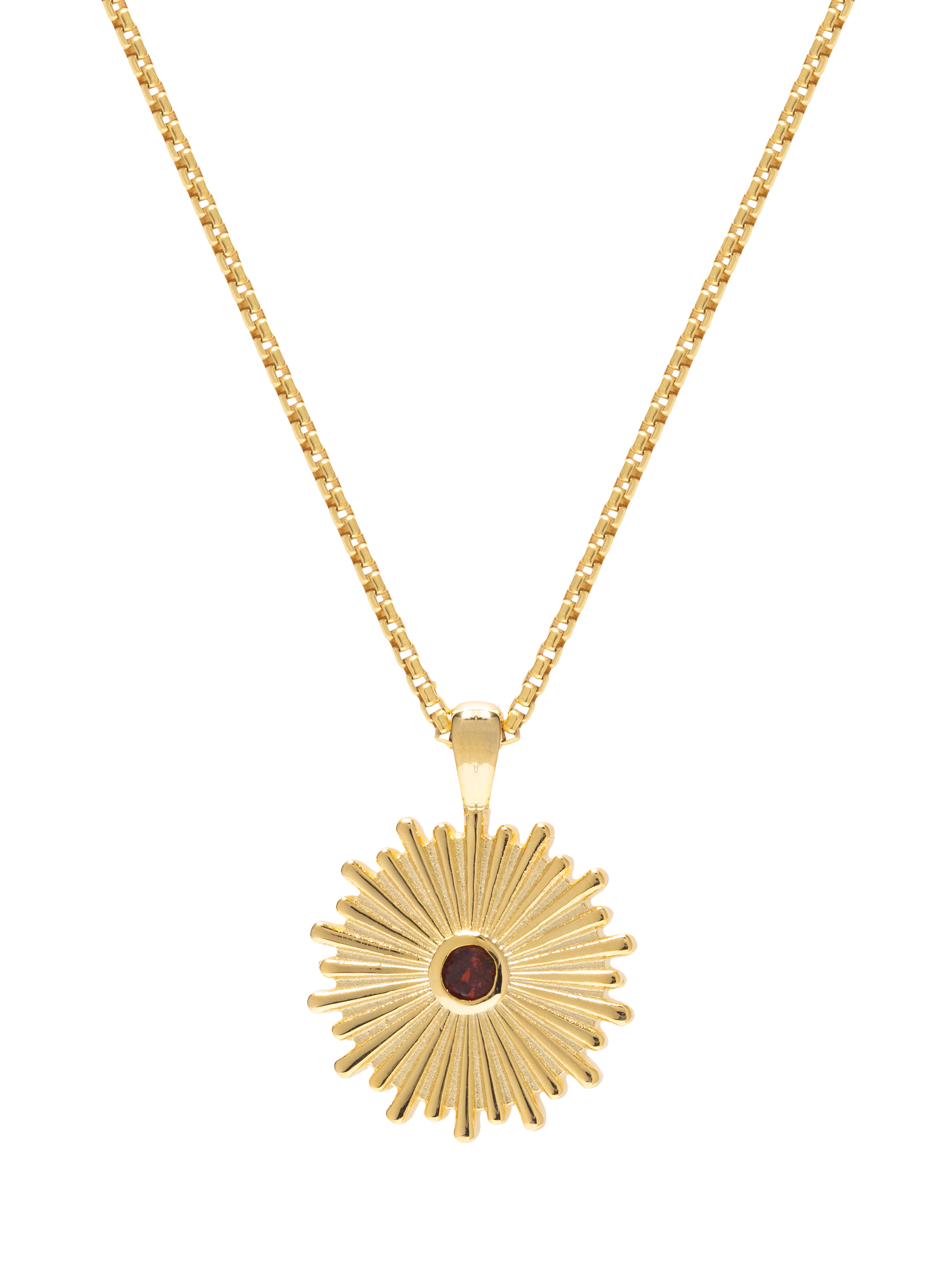 Product image 1 of 6, which shows LARNAUTI x RED January Garnet Sun Pendant Necklace, Gold