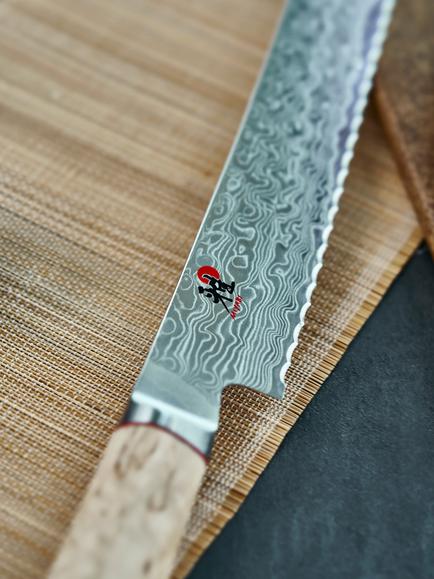 MIYABI Damascus Steel Bread Knife with Birch Wood Handle, 23cm - view 2, Birchwood