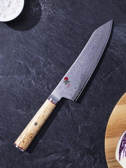 MIYABI Damascus Steel Rocking Santoku Knife with Birch Wood Handle, 18cm - view 2, Birchwood