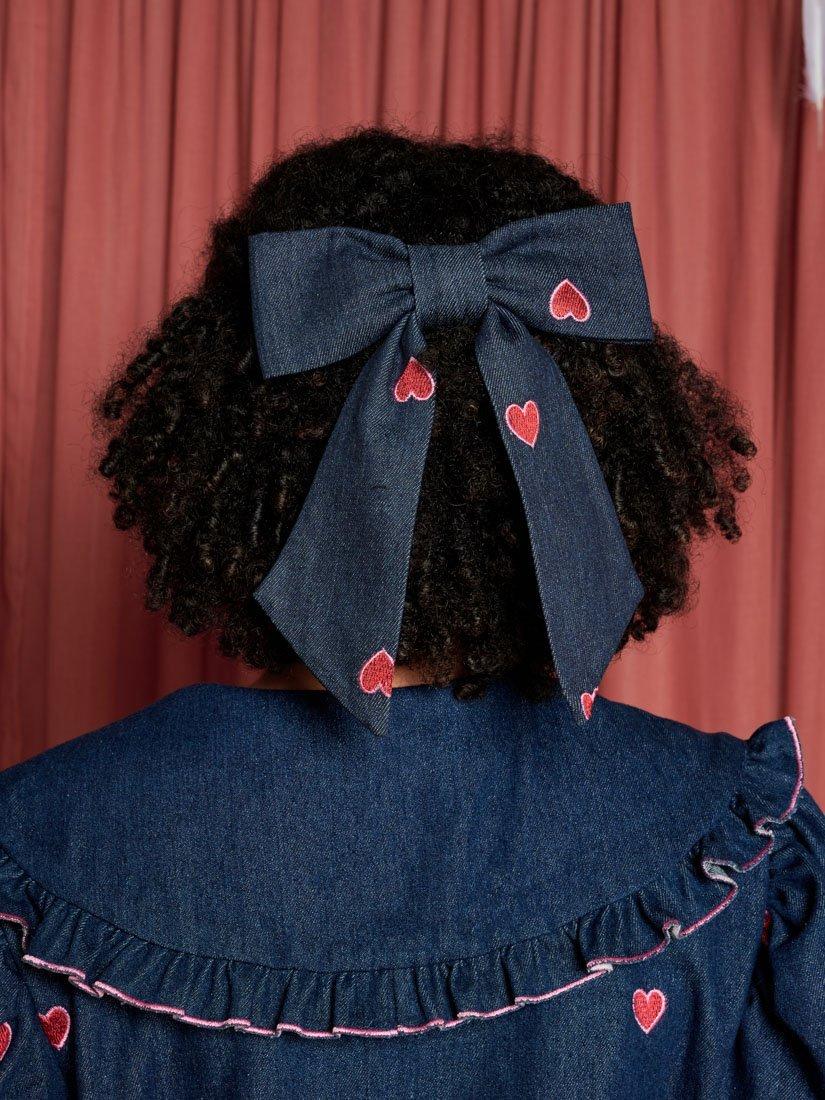 Sister Jane Perfect Match Embroidered Heart Denim Hair Bow, Navy/Red