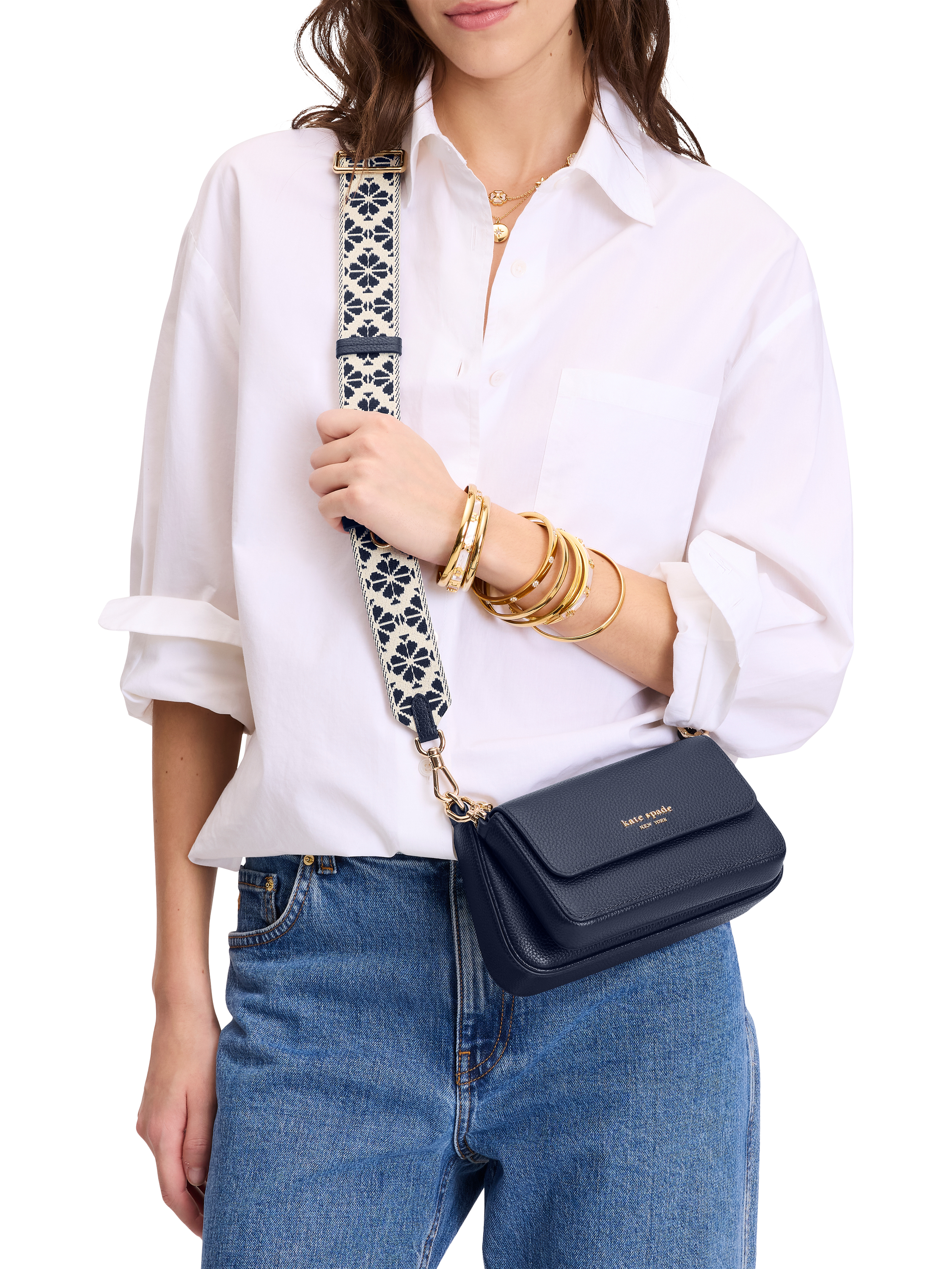 Product image 5 of 5, which shows kate spade new york Leather Double Up Webbed Strap Cross Body Bag, Parisian Navy