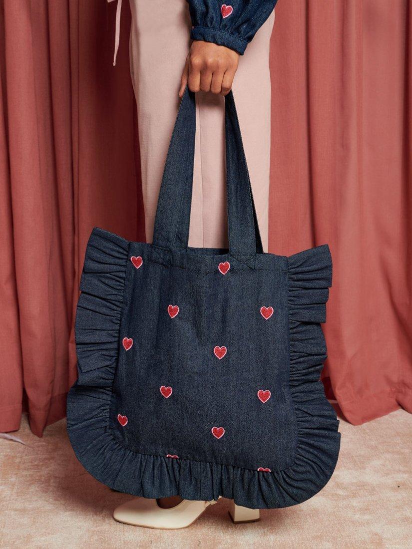 Sister Jane Perfect Match Embroidered Heart Denim Tote Bag, Navy/Red