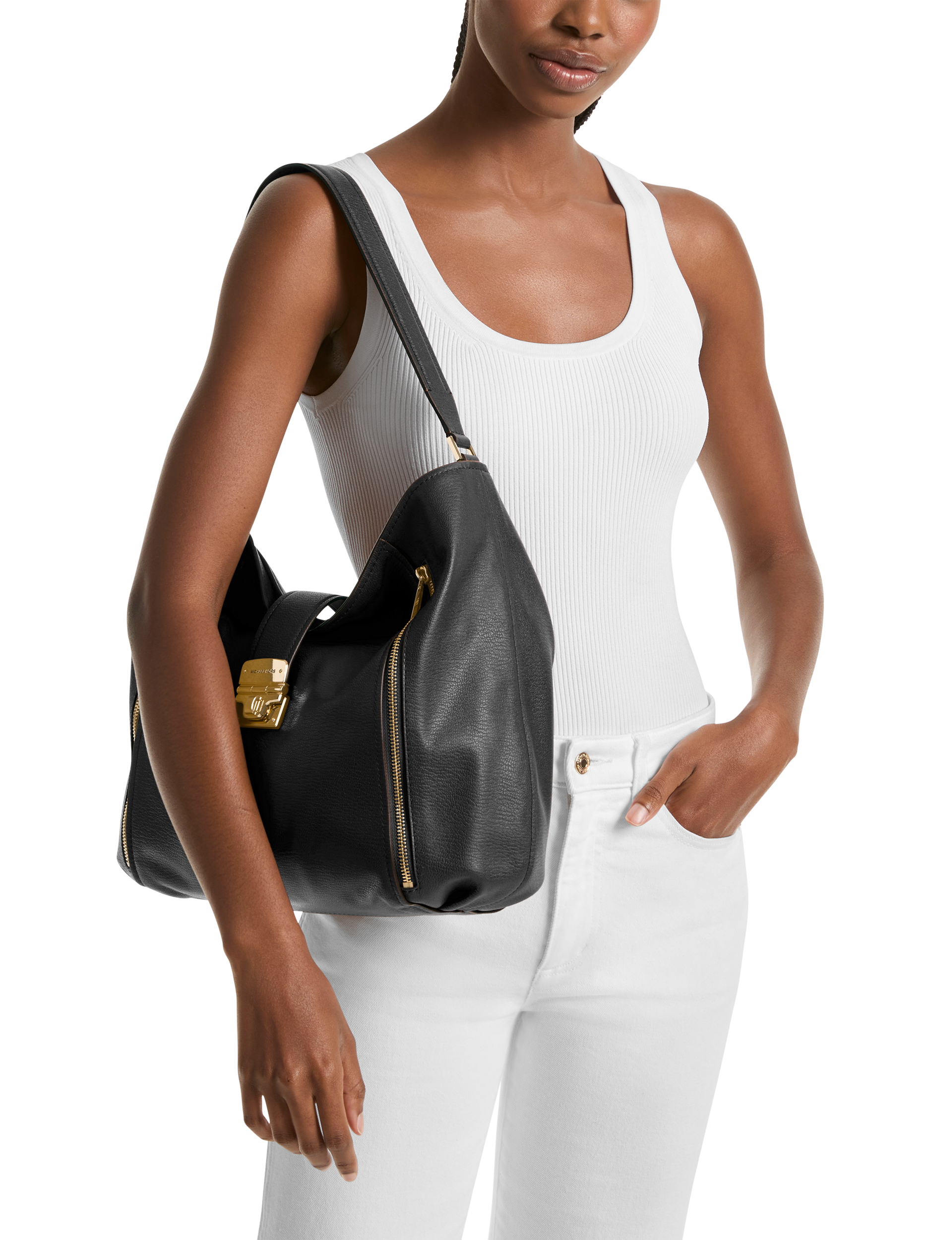 Product image 3 of 3, which shows Michael Kors Addie Leather Hobo Shoulder Bag, Black