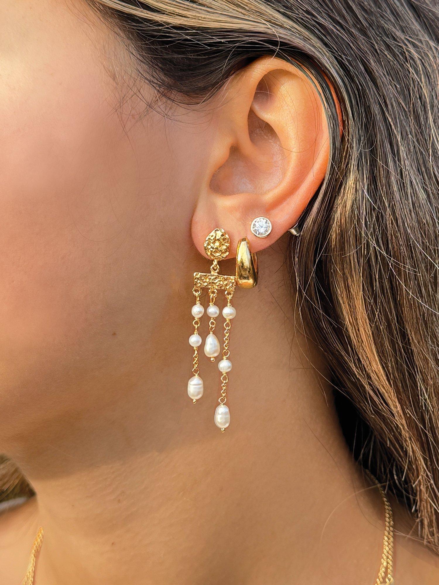 Product image 3 of 4, which shows Sarah Alexander Textured Freshwater Pearl Drop Earrings, Gold