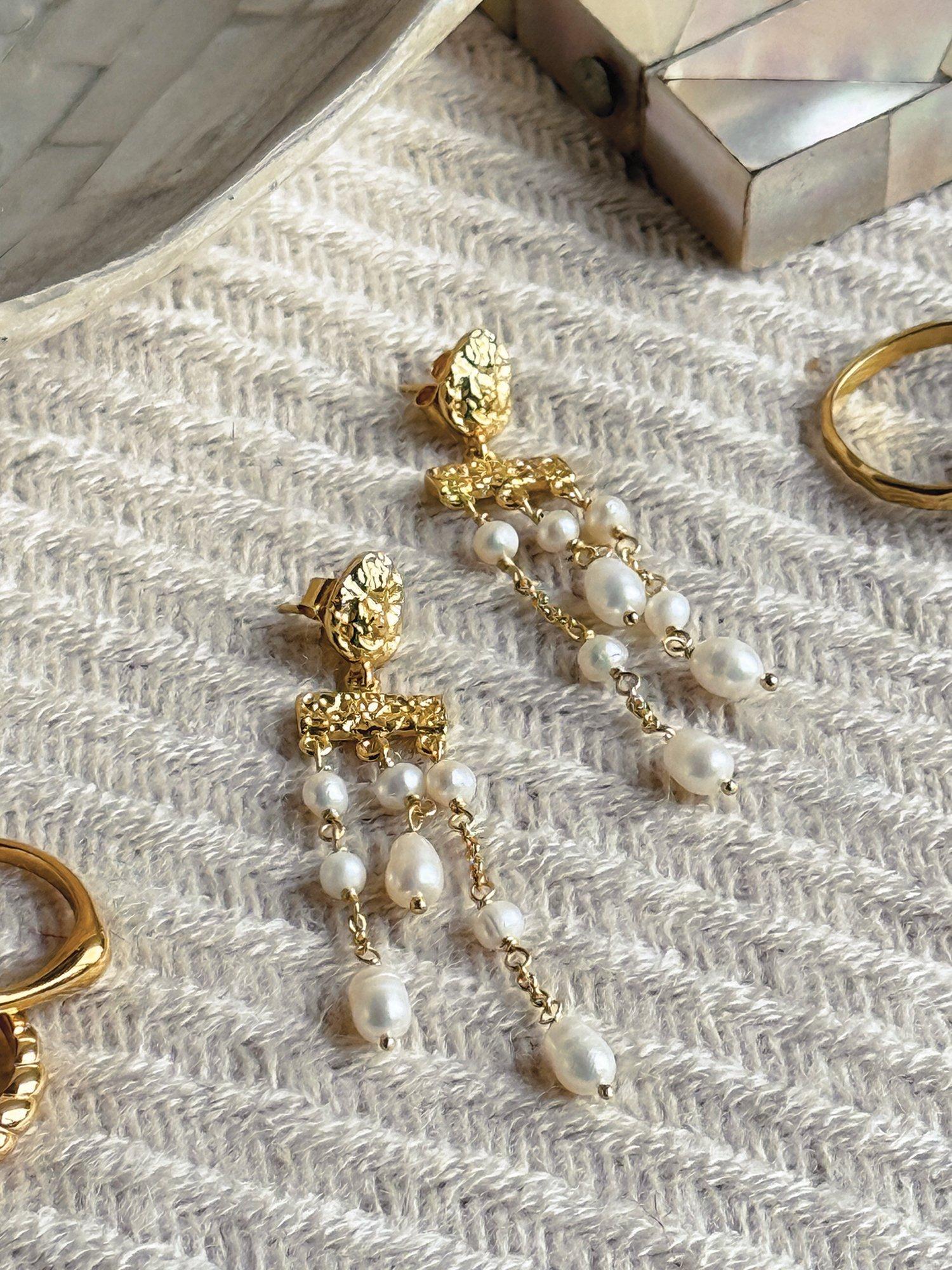 Product image 4 of 4, which shows Sarah Alexander Textured Freshwater Pearl Drop Earrings, Gold