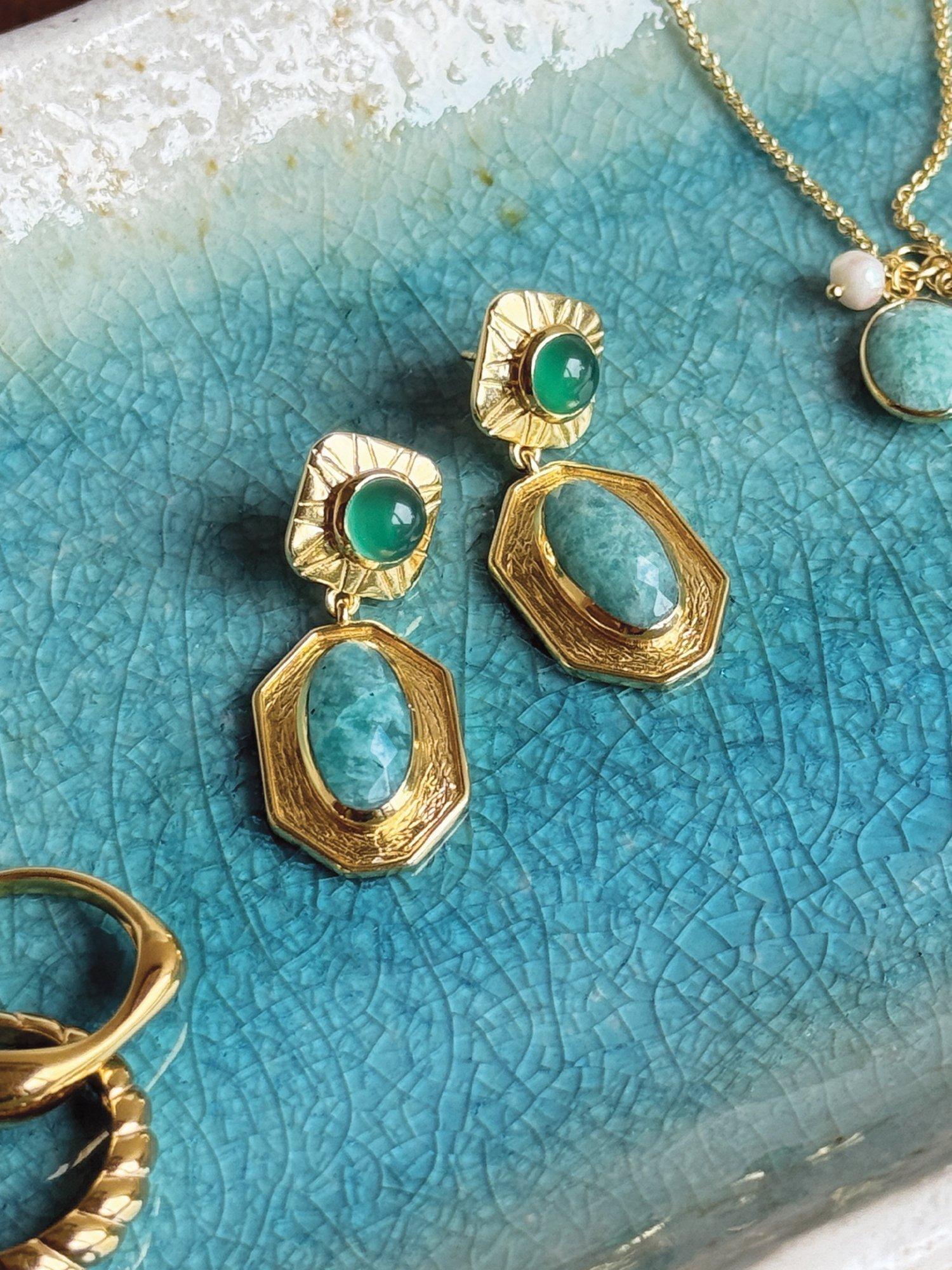 Product image 4 of 4, which shows Sarah Alexander Green Onyx and Amazonite Talisman Drop Earrings, Gold/Green