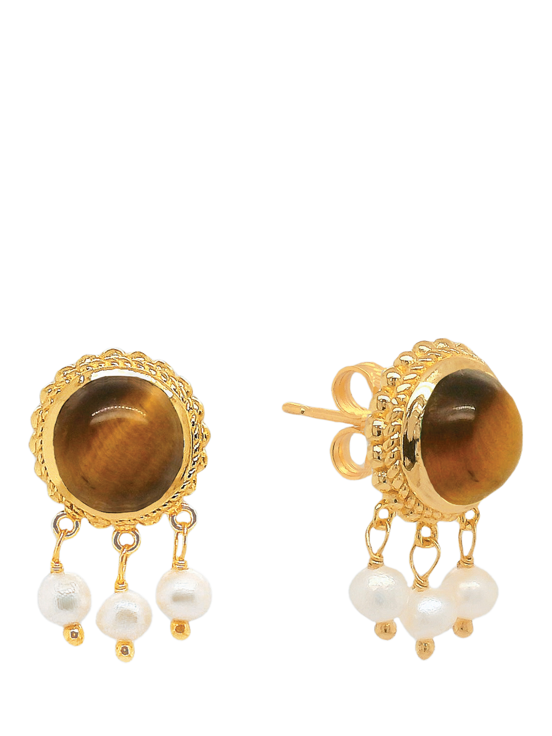 Product image 1 of 4, which shows Sarah Alexander Tiger's Eye and Pearl Drop Earrings, Gold/Multi