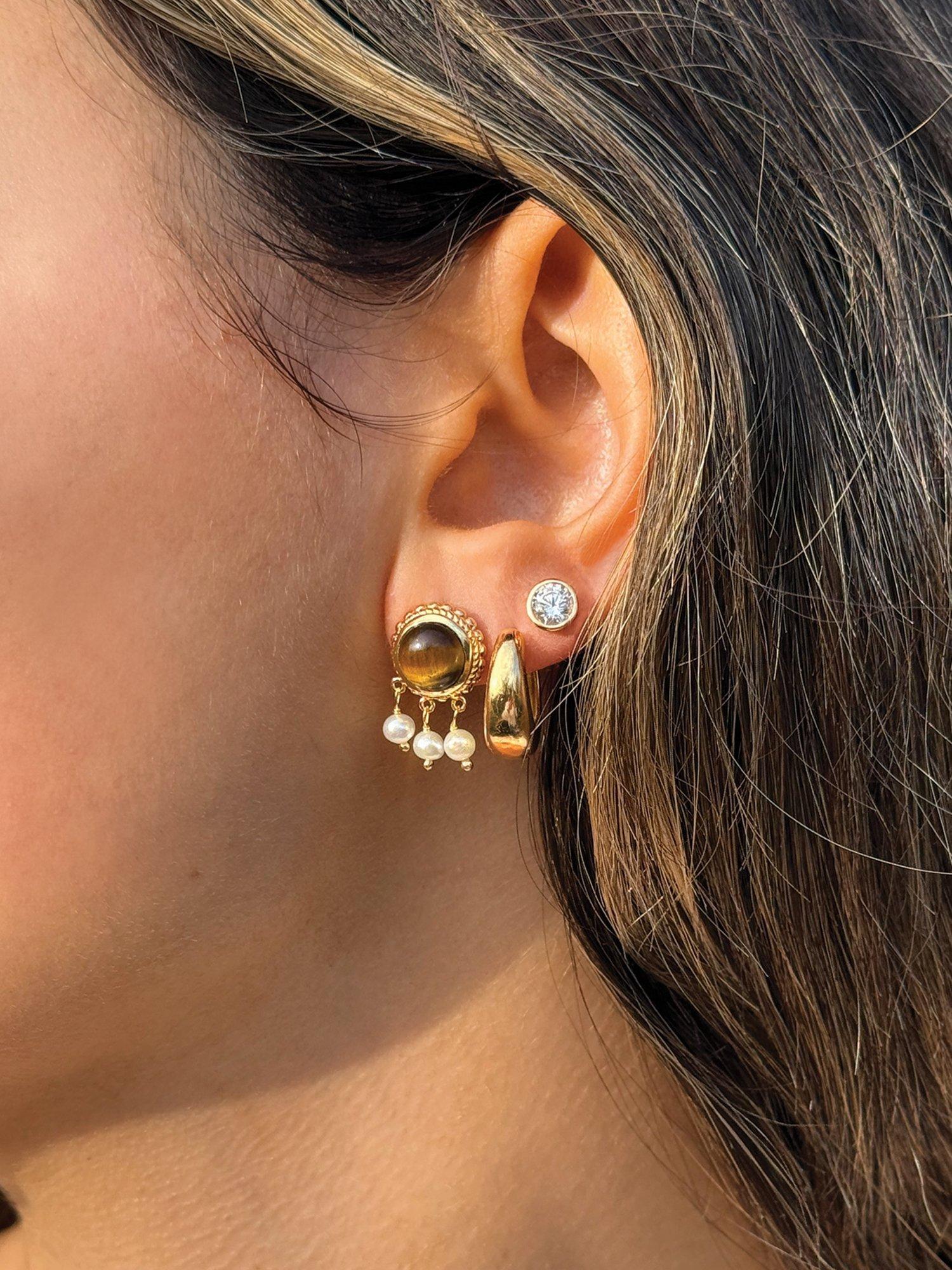 Product image 3 of 4, which shows Sarah Alexander Tiger's Eye and Pearl Drop Earrings, Gold/Multi