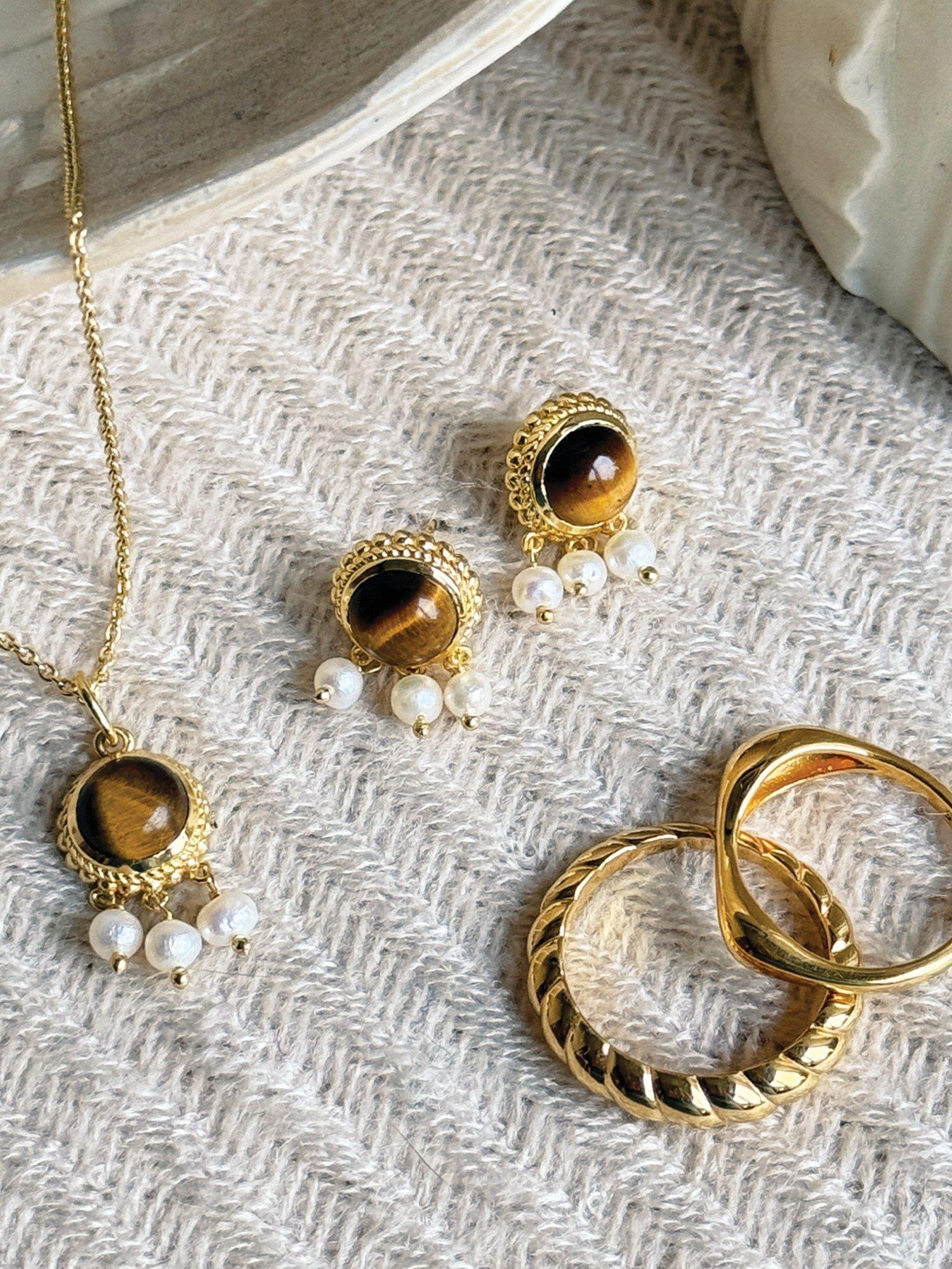 Product image 4 of 4, which shows Sarah Alexander Tiger's Eye and Pearl Drop Earrings, Gold/Multi