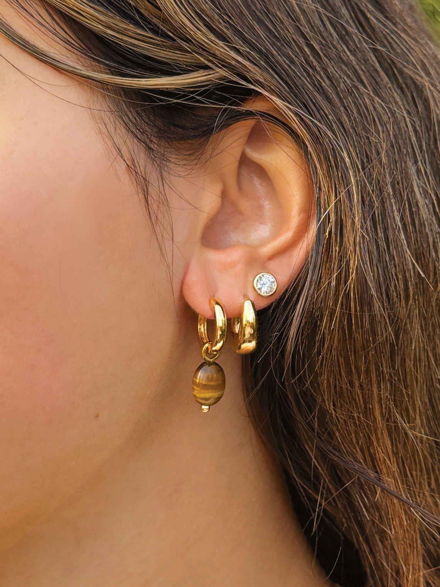 Product image 3 of 4, which shows Sarah Alexander Tiger's Eye Drop Earrings, Gold/Brown