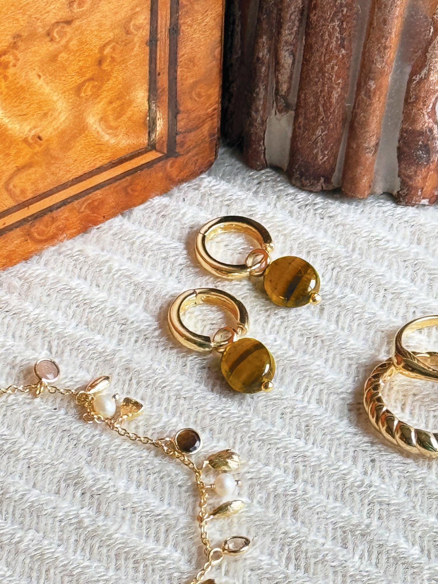 Product image 4 of 4, which shows Sarah Alexander Tiger's Eye Drop Earrings, Gold/Brown