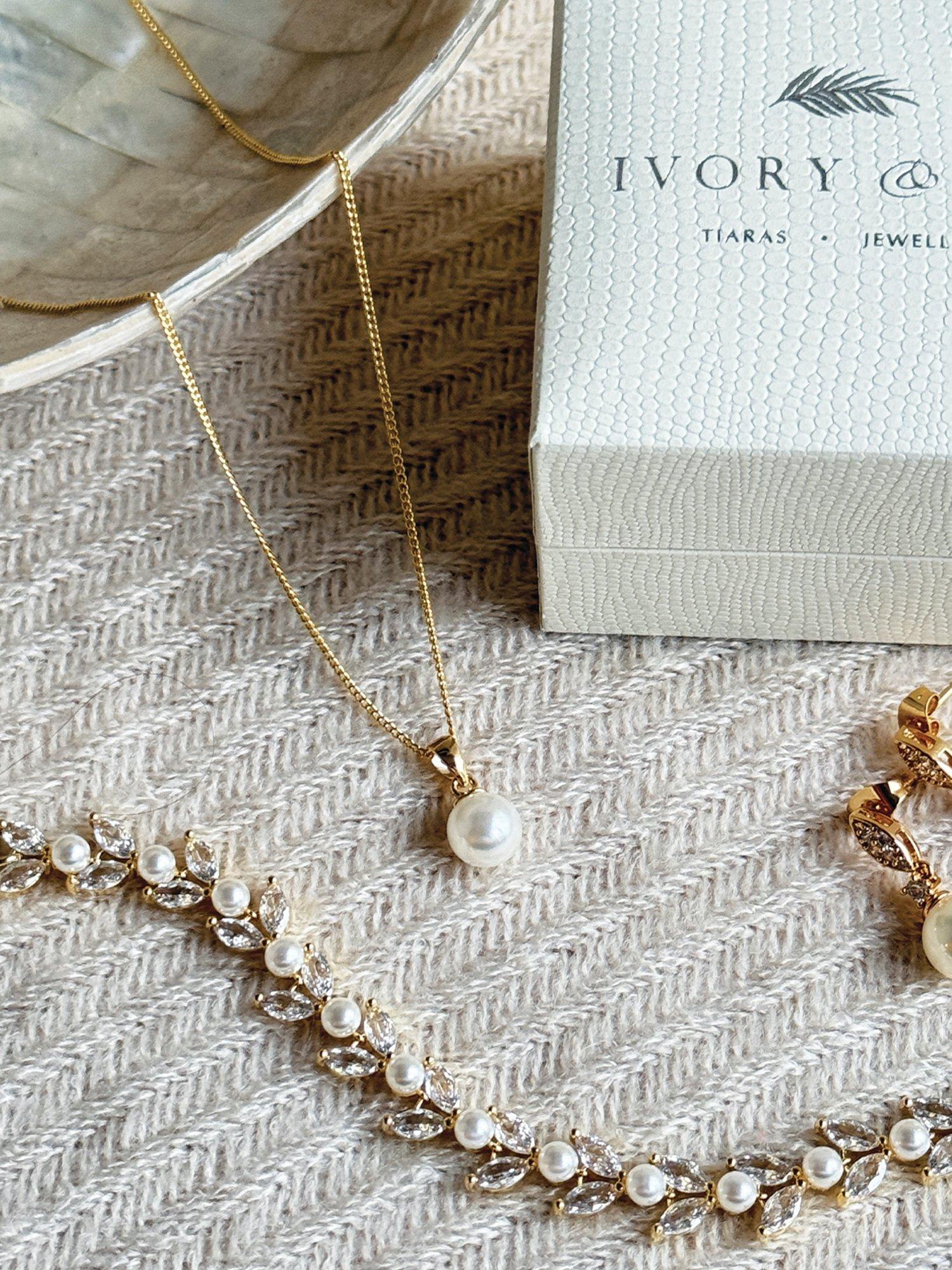Product image 3 of 4, which shows Ivory & Co. Pearl Drop Pendant Necklace, Gold