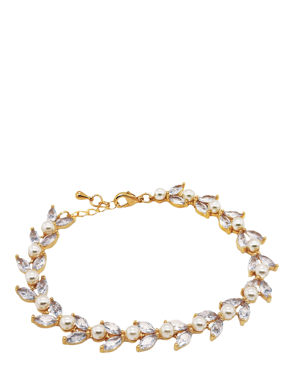 Product image 1 of 4, which shows Ivory & Co. Boston Cubic Zirconia Leaf & Pearl Bracelet, Yellow Gold