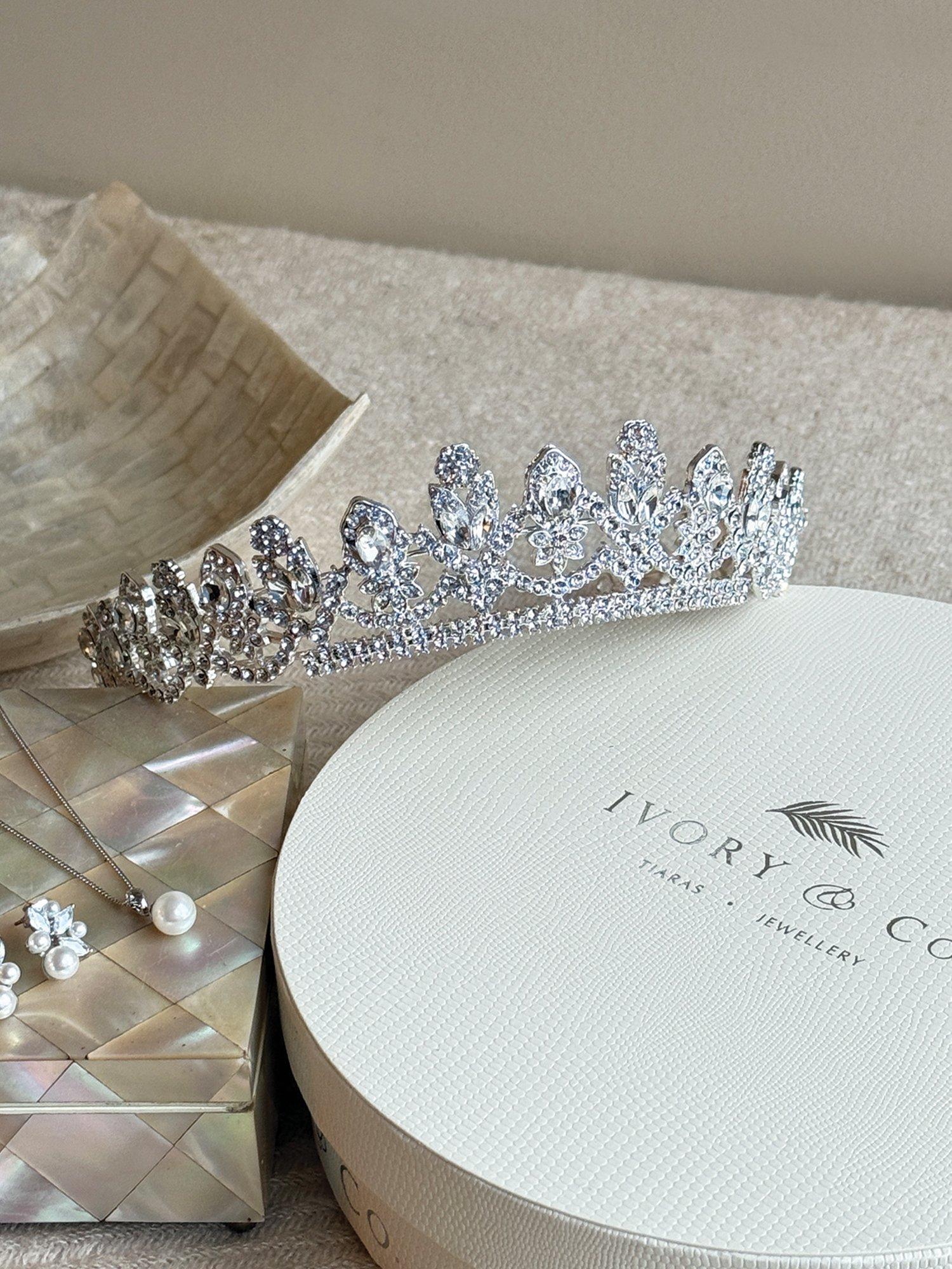 Product image 3 of 4, which shows Ivory & Co. Olivia Crystal Crown Tiara, Silver