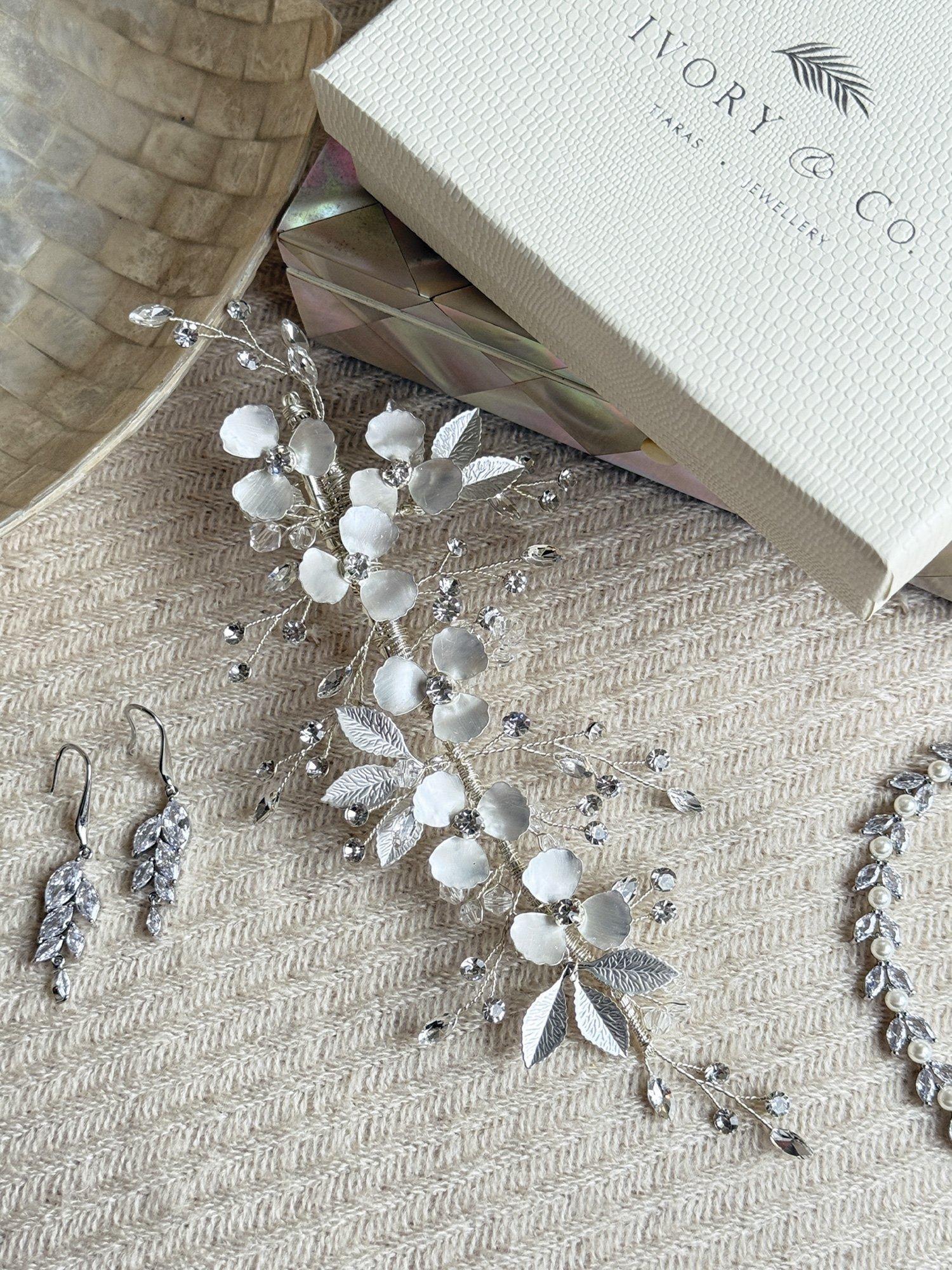Product image 3 of 4, which shows Ivory & Co. Crystal Floral Hair Clip, Silver