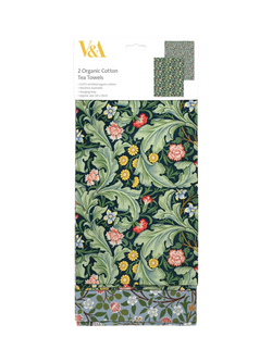 Museums & Galleries V&A William Morris Leicester Print Organic Cotton Tea Towel, Set of 2, Green, Leicester Wallpaper
