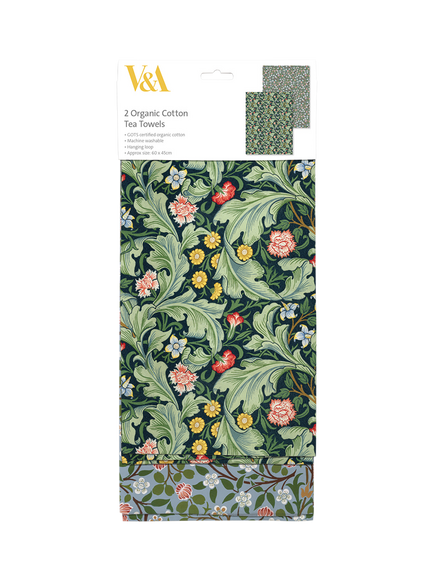 Museums & Galleries V&A William Morris Leicester Print Organic Cotton Tea Towel, Set of 2, Green, Leicester Wallpaper