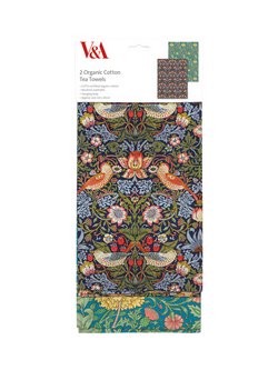 Museums & Galleries V&A William Morris Strawberry Thief Print Organic Cotton Tea Towel, Set of 2, Blue, Strawberry Thief