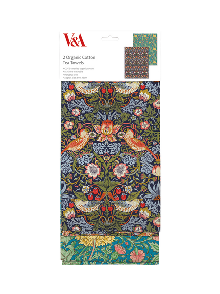 Museums & Galleries V&A William Morris Strawberry Thief Print Organic Cotton Tea Towel, Set of 2, Blue, Strawberry Thief