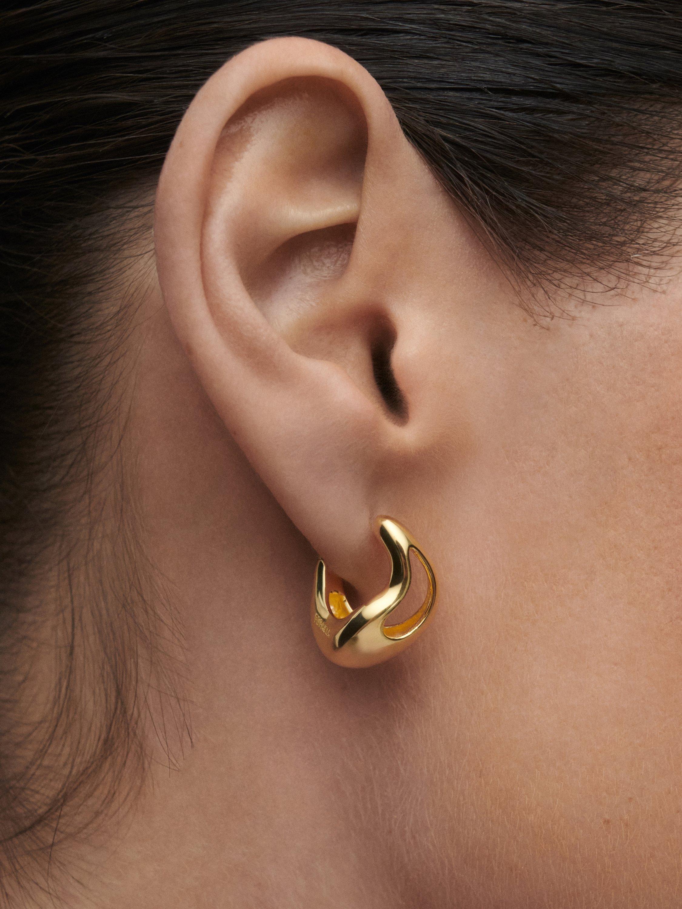 Product image 4 of 8, which shows PDPAOLA 18ct Gold Plated Sculptural Hoop Drop Earrings, Yellow Gold