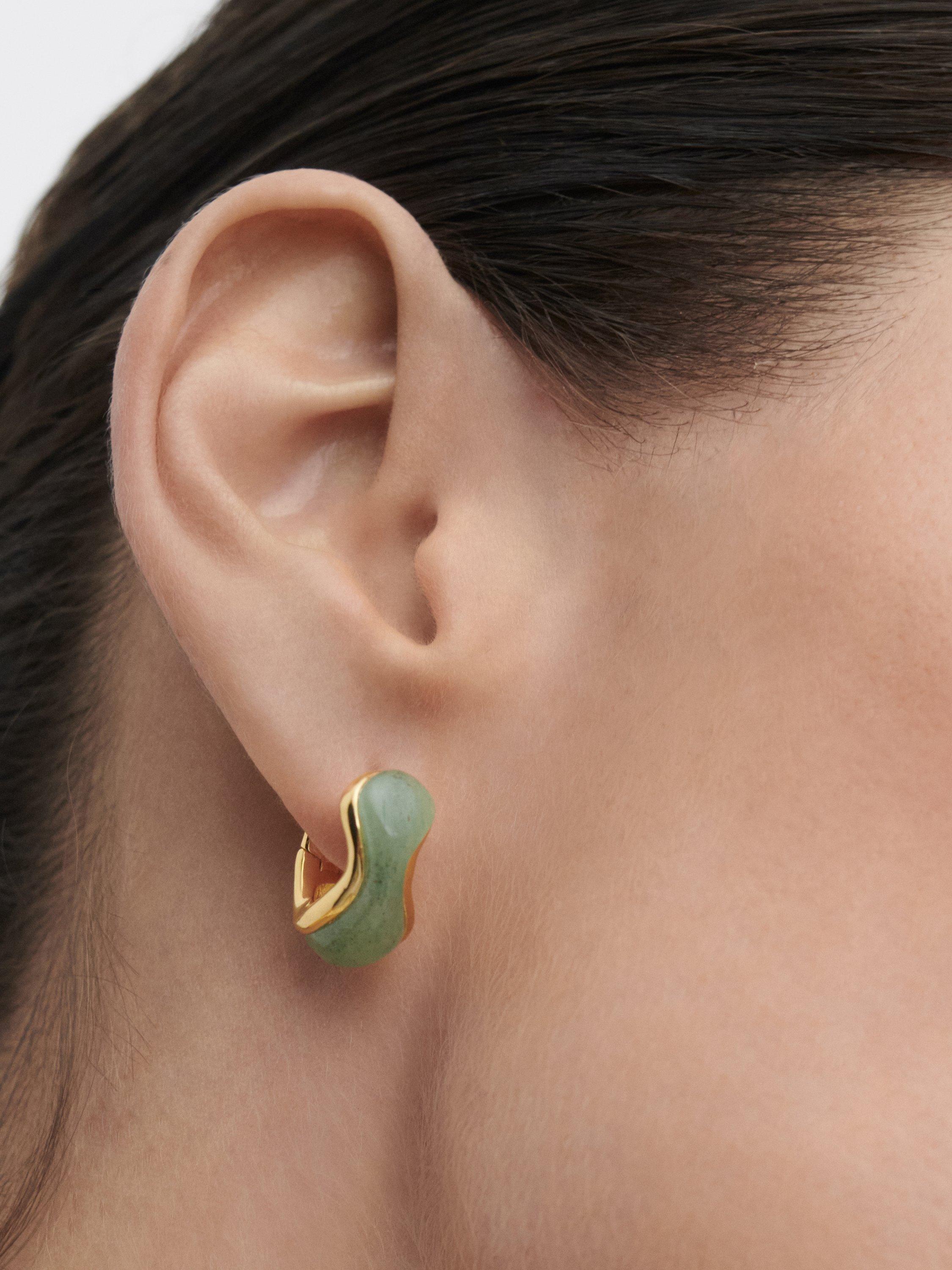 Product image 8 of 8, which shows PDPAOLA 18ct Gold Plated Aventurine Huggie Hoop Earrings, Yellow Gold