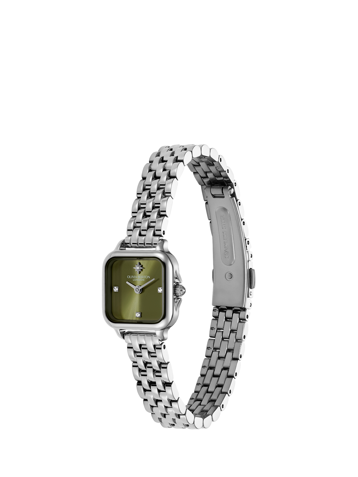Product image 2 of 8, which shows Olivia Burton Grosvenor Mini Bracelet Strap Watch, Green/Silver