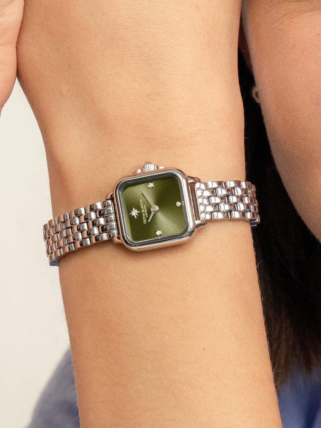 Product image 4 of 8, which shows Olivia Burton Grosvenor Mini Bracelet Strap Watch, Green/Silver