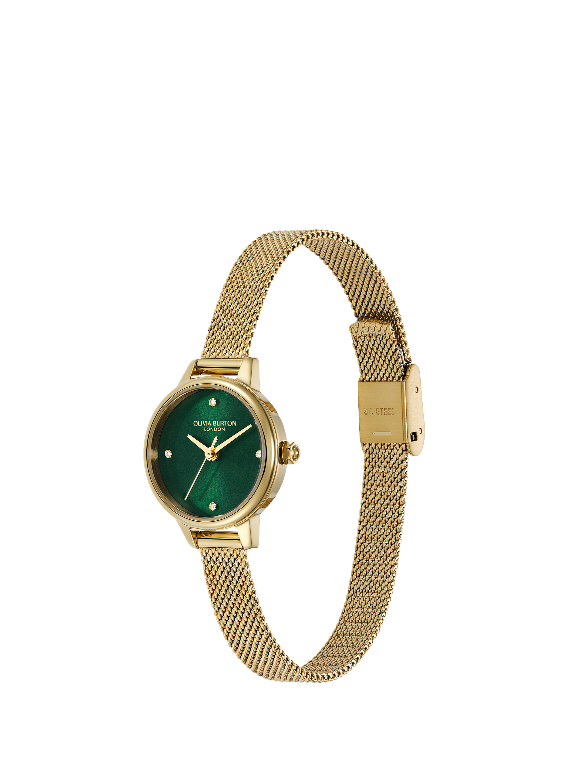 Product image 2 of 8, which shows Olivia Burton Women's Mini Classics Crystal Mesh Bracelet Strap Watch, Green/Gold