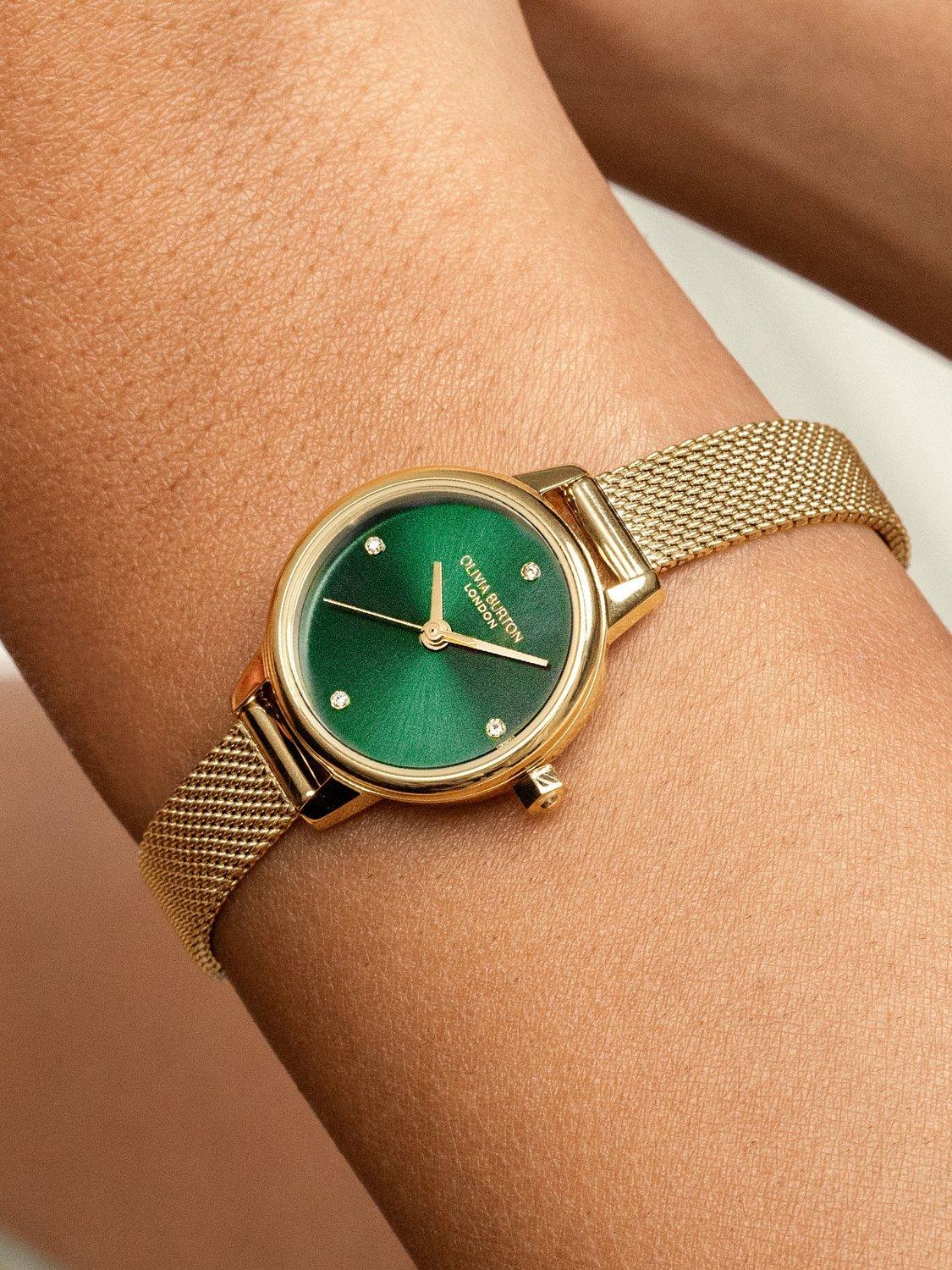 Product image 4 of 8, which shows Olivia Burton Women's Mini Classics Crystal Mesh Bracelet Strap Watch, Green/Gold