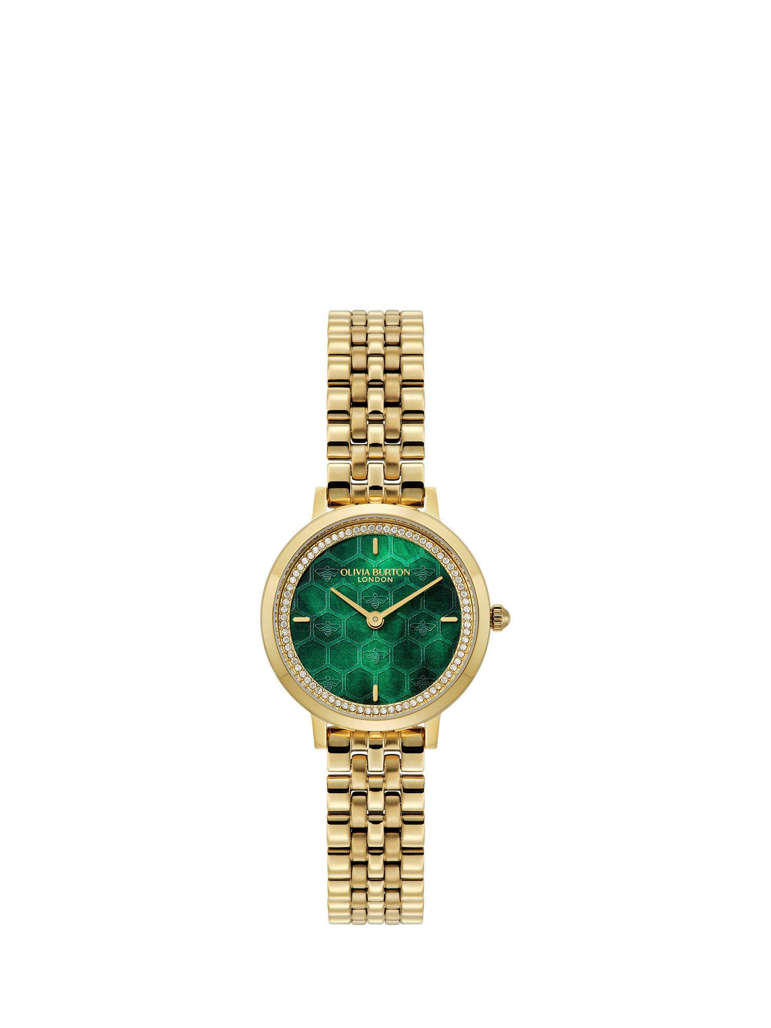 Product image 1 of 8, which shows Olivia Burton Ultra Slim Honeycomb Bracelet Strap Watch, Green/Gold