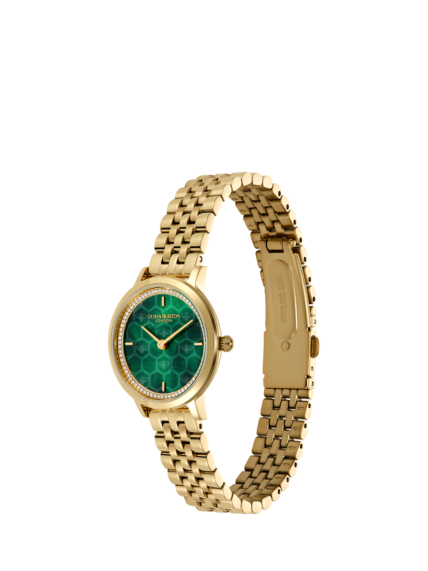 Product image 2 of 8, which shows Olivia Burton Ultra Slim Honeycomb Bracelet Strap Watch, Green/Gold