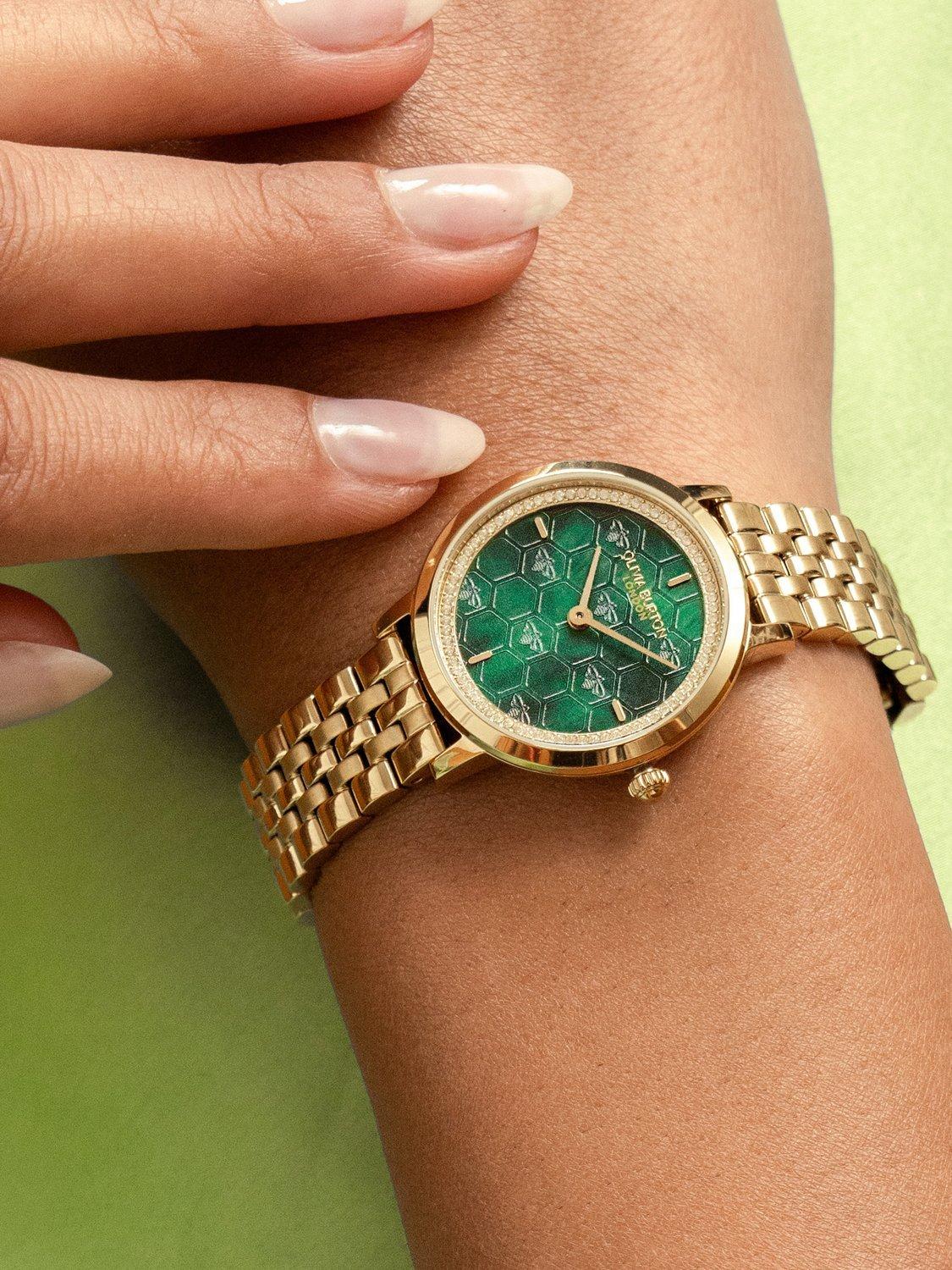 Product image 4 of 8, which shows Olivia Burton Ultra Slim Honeycomb Bracelet Strap Watch, Green/Gold