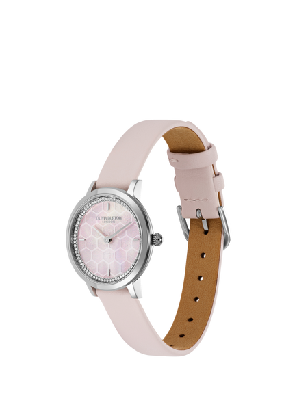 Olivia Burton 24000270 Women's Ultra Slim Honeycomb Dial Leather Strap Watch, Pink - view 2, Pink