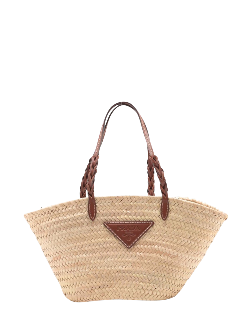 Pre loved Prada Woven Palm and Leather Tote Bag Neutral