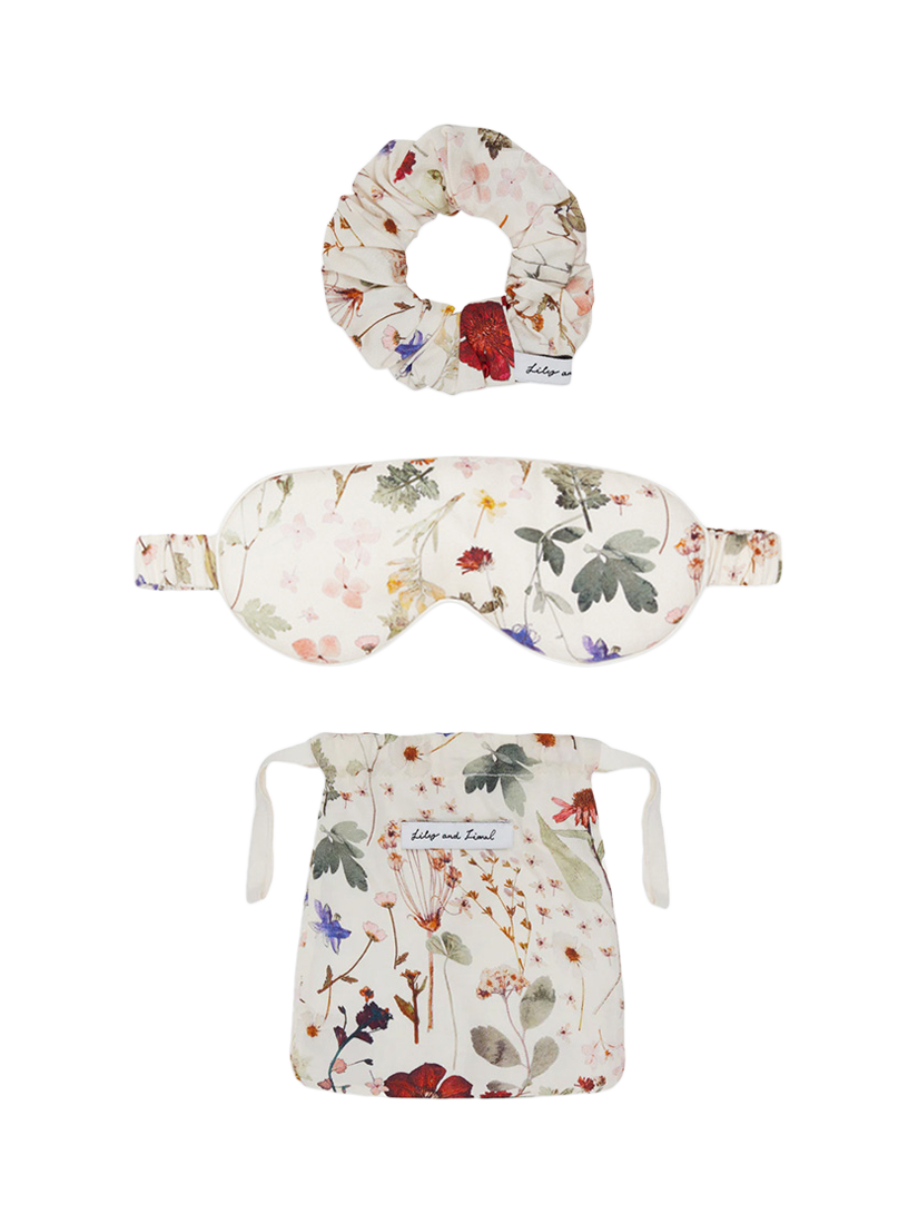Product image 1 of 4, which shows Lily and Lionel Ella Pressed Floral Eye Mask & Hair Tie Set, Cream
