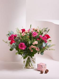 John Lewis Pink Roses Mixed Hand Tied Bouquet, Vase & Chocolates, Blue Royal