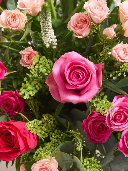John Lewis Pink Roses Mixed Hand Tied Bouquet, Vase & Chocolates - view 2, Blue Royal